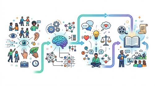 Build a richer vocabulary. Bring precision to your analysis. Express complex ideas with clarity and confidence. 1 Illustration Connecting An Open Book, Conversation, A Brain, And New Ideas.